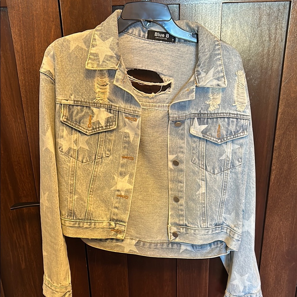 Star-Patterned Denim Jacket with Rhinestones